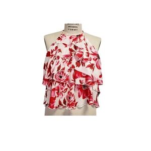 Intermix Women‎ Red Pink Floral 100% Silk Tiered Ruffle Halter Neck Top Size S